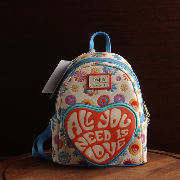 Loungefly Backpack The Beatles All You Need Is Love Cream Faux Leather Mini NWT - Picture 1 of 15